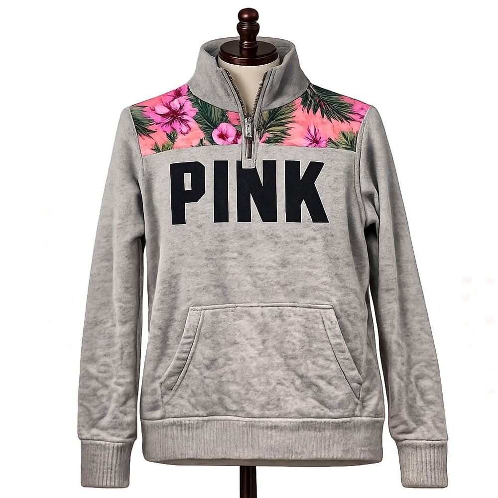 PINK Victoria's Secret Tropical Quarter Zip Pullover Womens S Gray Floral Pocket